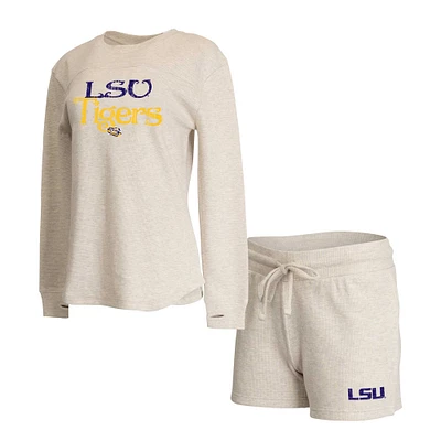 Women's Concepts Sport Cream LSU Tigers Waffle Fabric Long Sleeve T-Shirt & Shorts Set