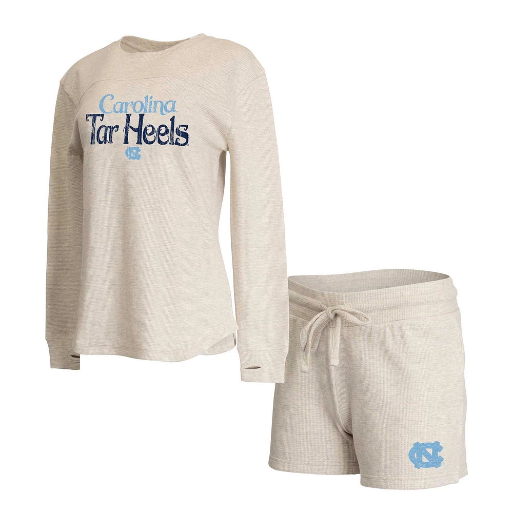 Women's Concepts Sport Cream North Carolina Tar Heels Waffle Fabric Long Sleeve T-Shirt & Shorts Set