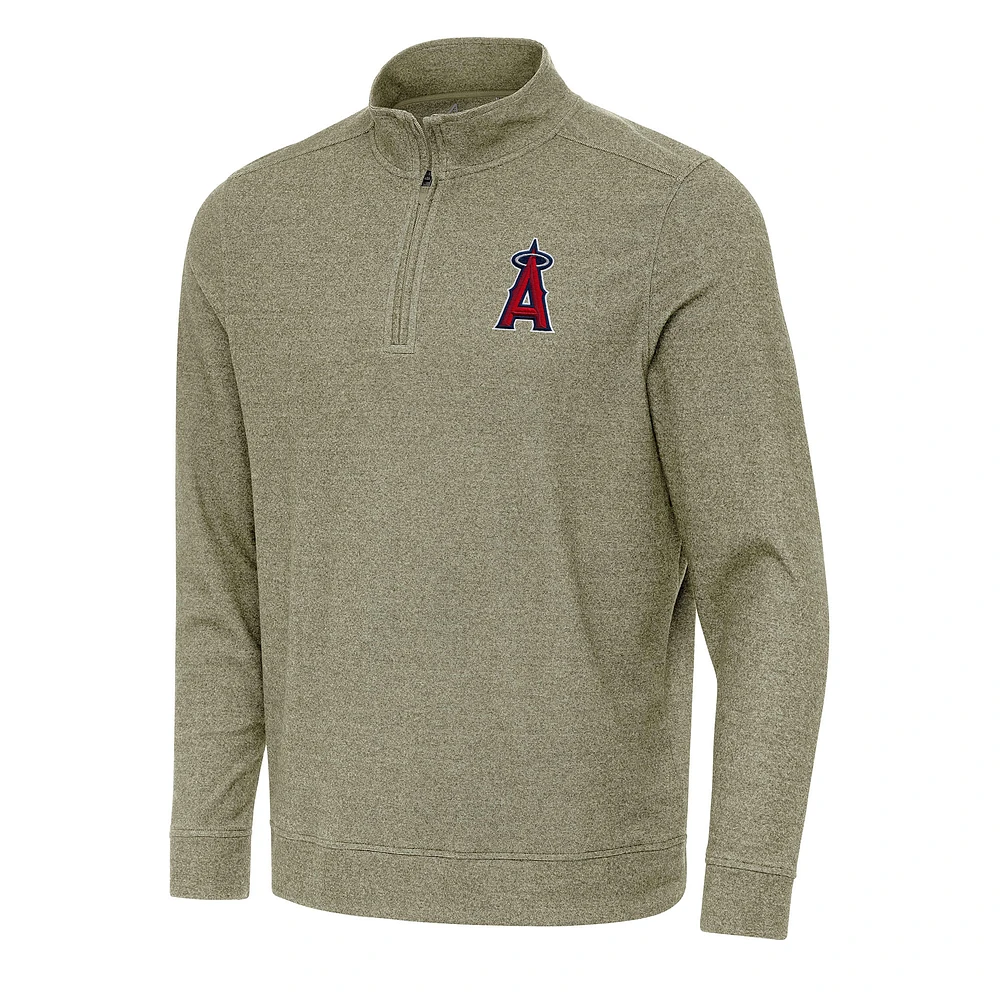 Men's Antigua Heather Olive Los Angeles Angels Subtle Quarter-Zip Sweatshirt
