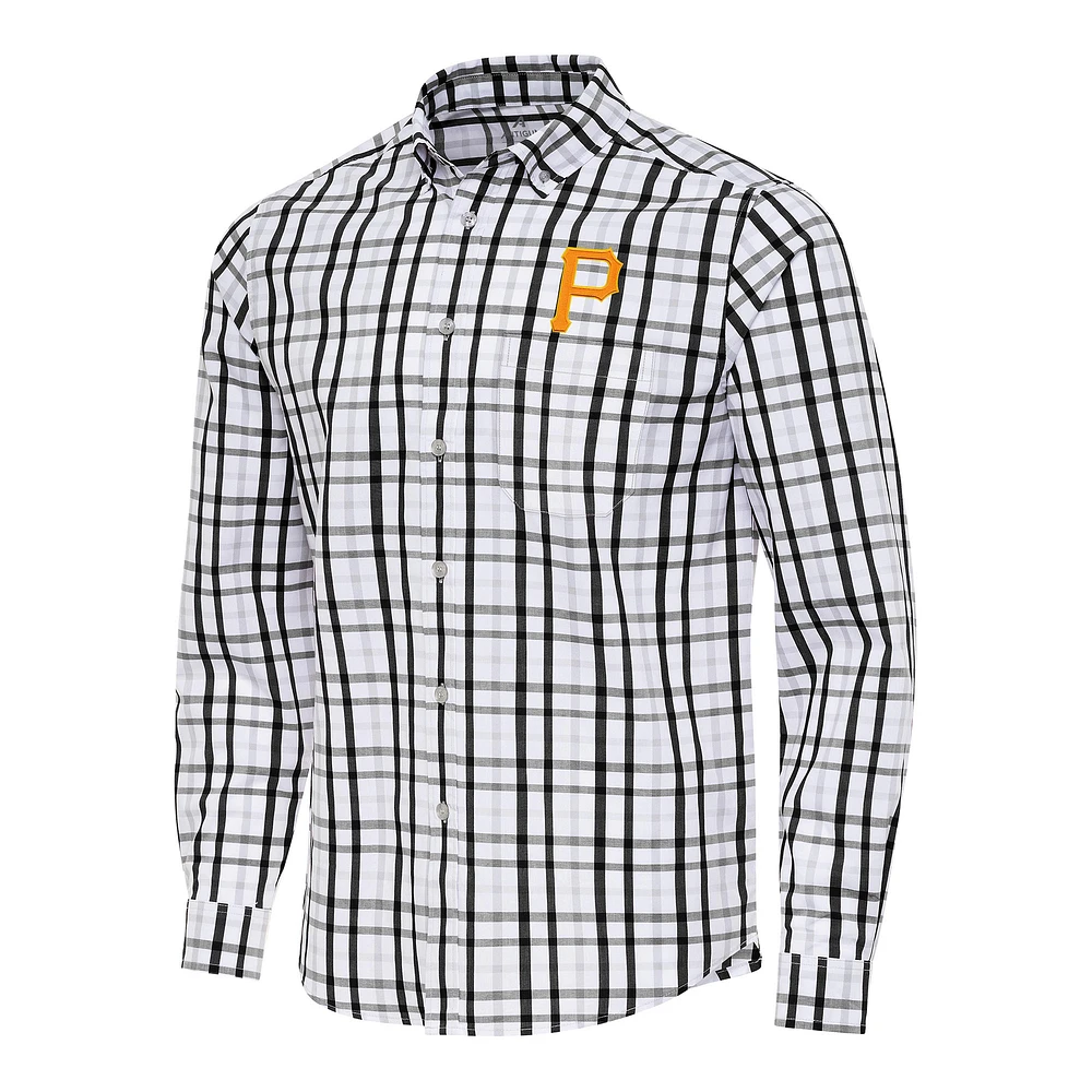 Men's Antigua Black/White Pittsburgh Pirates Tending Woven Tri-Blend Long Sleeve Button-Down Shirt