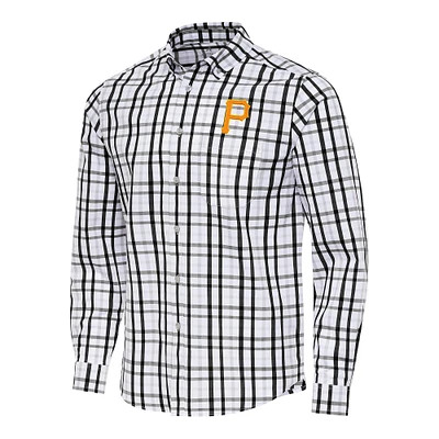 Men's Antigua Black/White Pittsburgh Pirates Tending Woven Tri-Blend Long Sleeve Button-Down Shirt