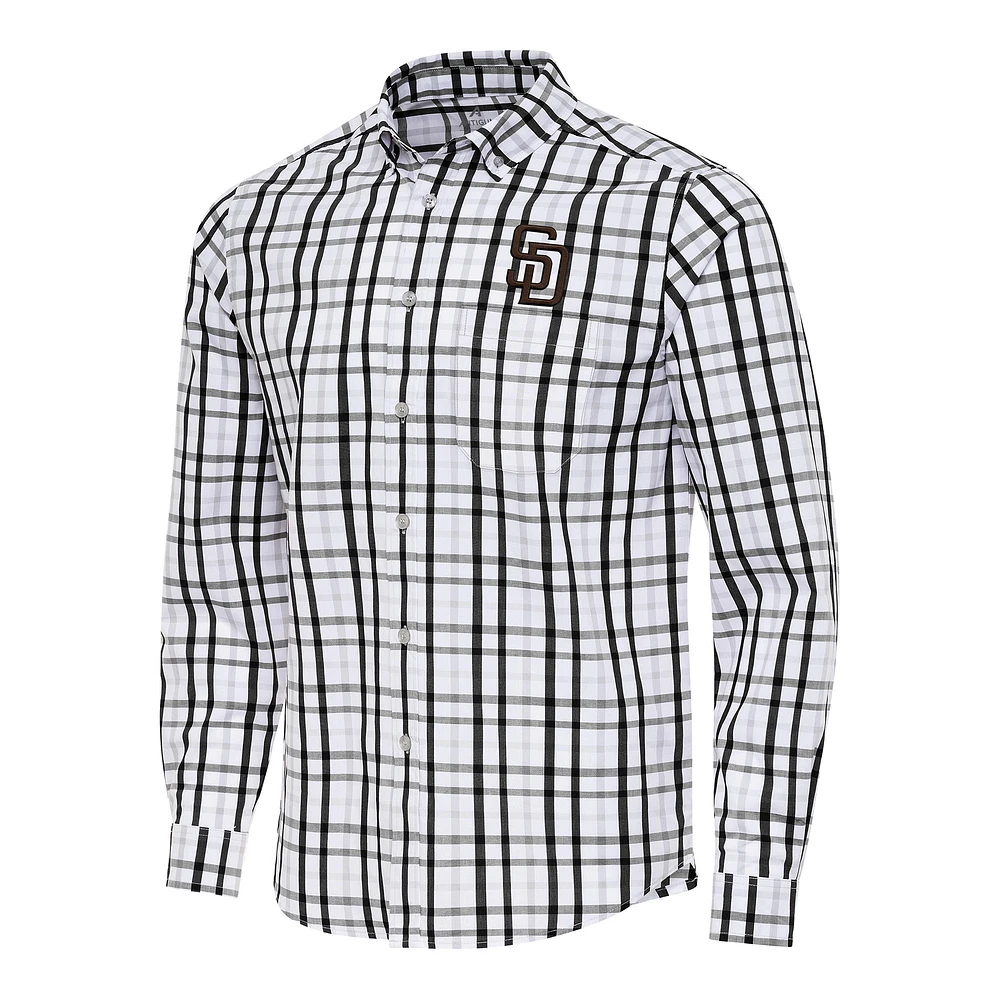 Men's Antigua Black/White San Diego Padres Tending Woven Tri-Blend Long Sleeve Button-Down Shirt