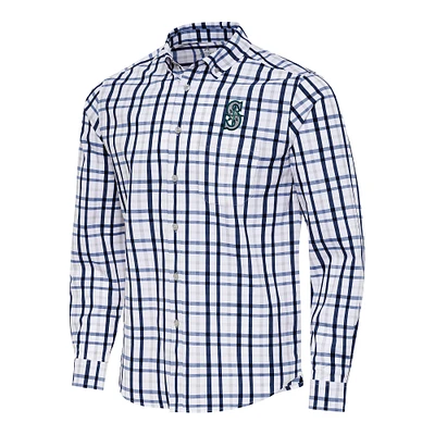 Men's Antigua Navy/White Seattle Mariners Tending Woven Tri-Blend Long Sleeve Button-Down Shirt