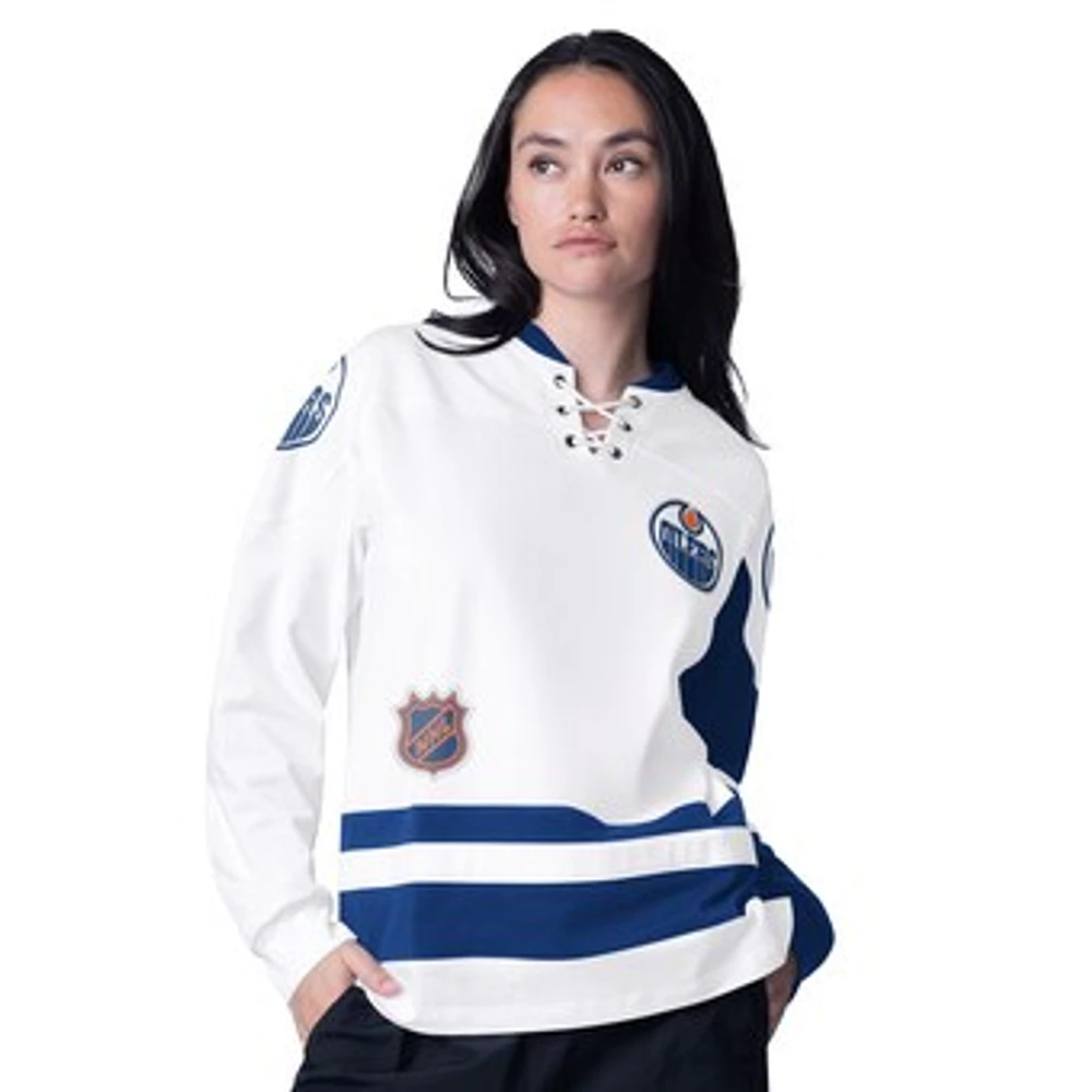 Women's Starter  White Edmonton Oilers Hat Trick Long Sleeve Lace-Up T-Shirt