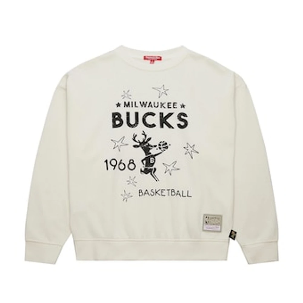 Women's Mitchell & Ness Cream Milwaukee Bucks Hardwood Classics Pullover Sweatshirt