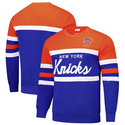 Men's Mitchell & Ness Blue/Orange New York Knicks Hardwood Classics Vintage Logo Head Coach Pullover Sweatshirt