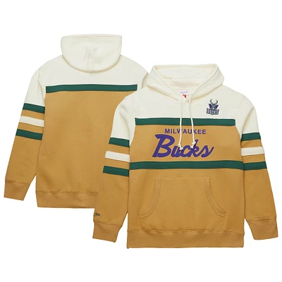 Men's Mitchell & Ness Tan/Cream Milwaukee Bucks Hardwood Classics Vintage Logo Head Coach Pullover Hoodie