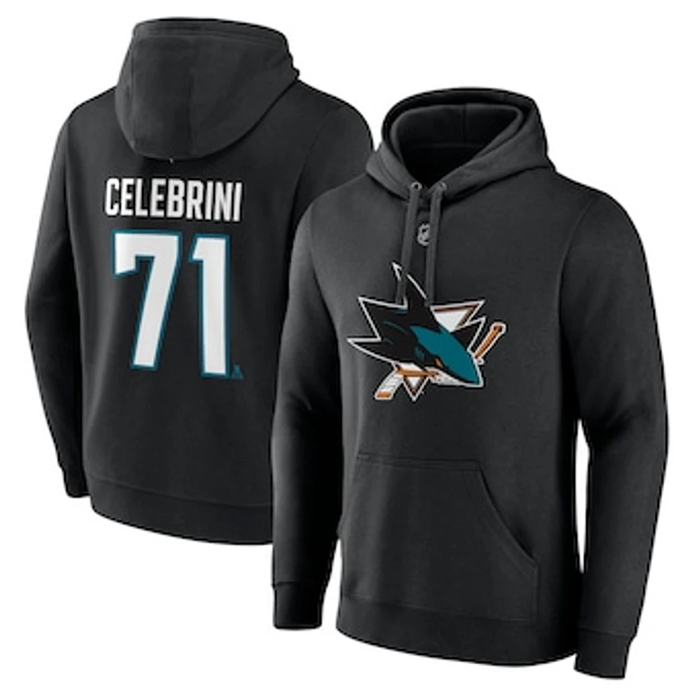 Men's Fanatics Macklin Celebrini Black San Jose Sharks Authentic Stack Name & Number Tri-Blend Pullover Hoodie