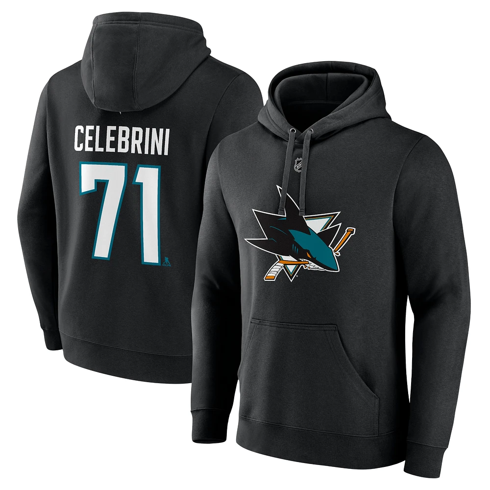 Men's Fanatics Macklin Celebrini Black San Jose Sharks Authentic Stack Name & Number Tri-Blend Pullover Hoodie