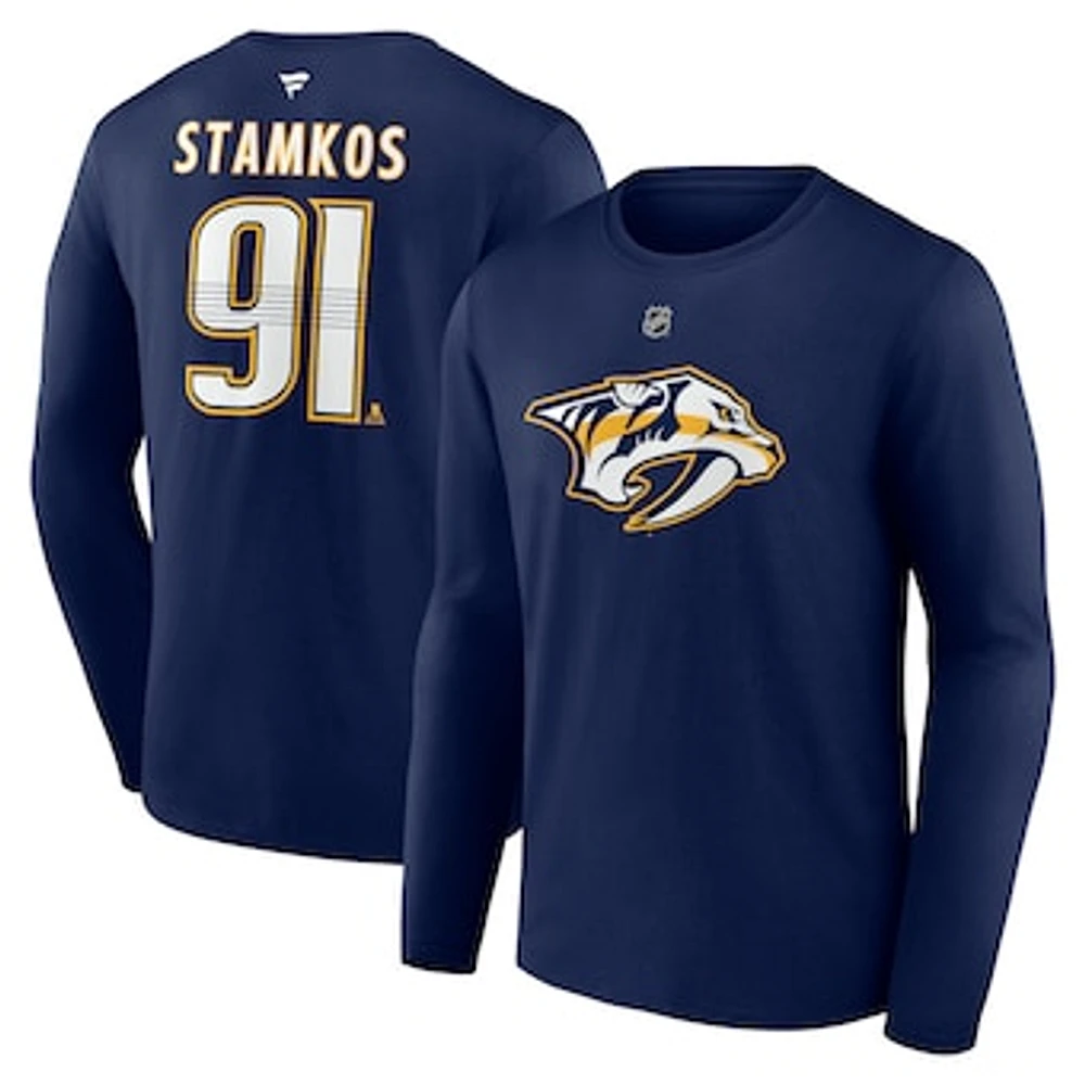 Men's Fanatics Steven Stamkos Navy Nashville Predators Authentic Stack Name & Number Long Sleeve T-Shirt