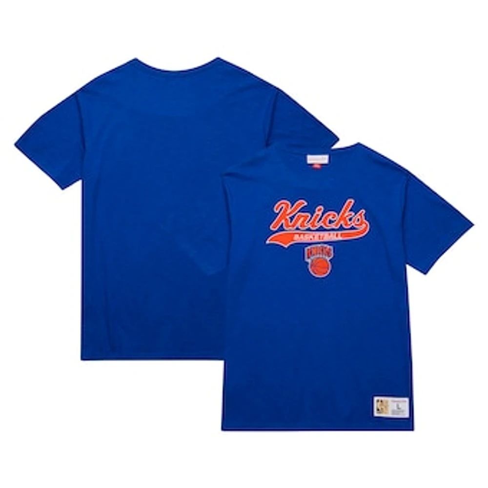 Men's Mitchell & Ness Blue New York Knicks Hardwood Classics Felt Applique Slub T-Shirt