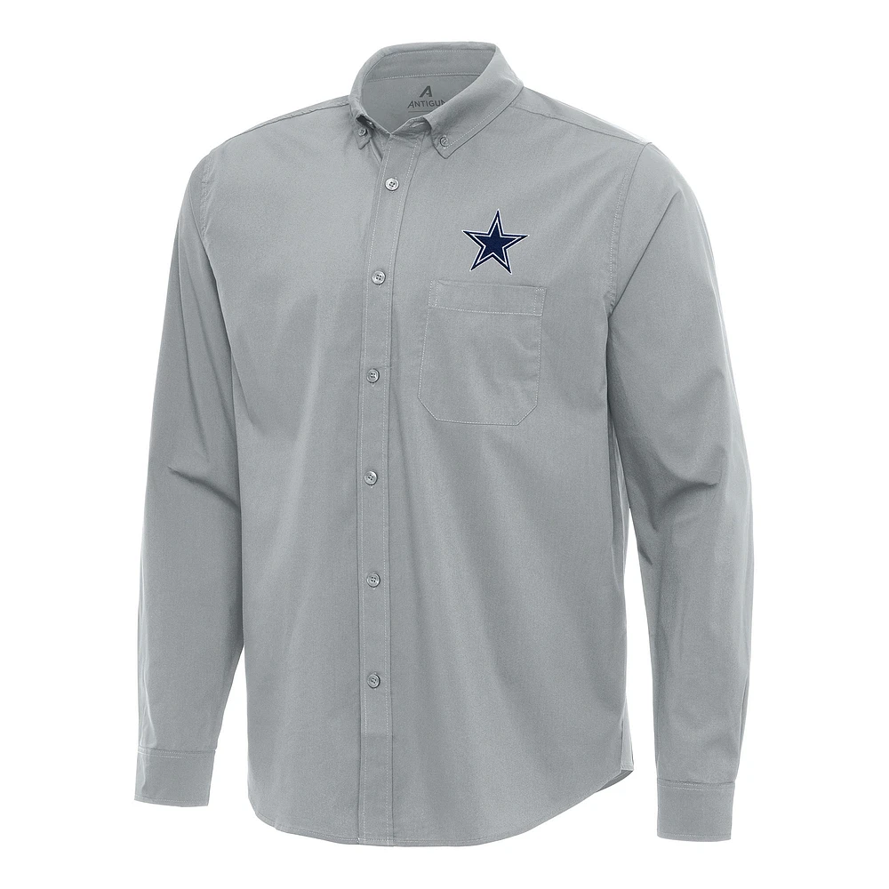 Men's Antigua Gray Dallas Cowboys Flight Woven Tri-Blend Long Sleeve Button-Down Shirt