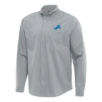 Men's Antigua Gray Detroit Lions Flight Woven Tri-Blend Long Sleeve Button-Down Shirt