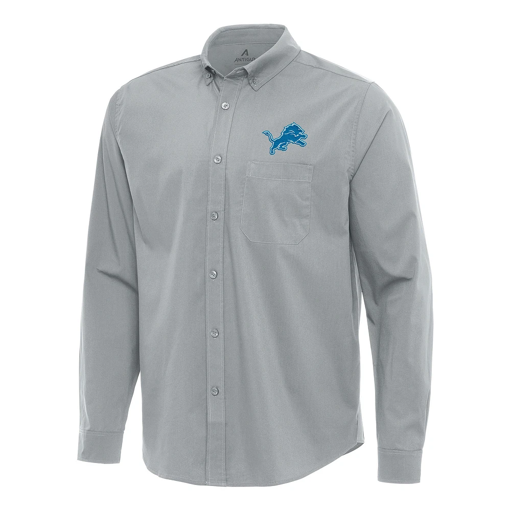 Men's Antigua Gray Detroit Lions Flight Woven Tri-Blend Long Sleeve Button-Down Shirt