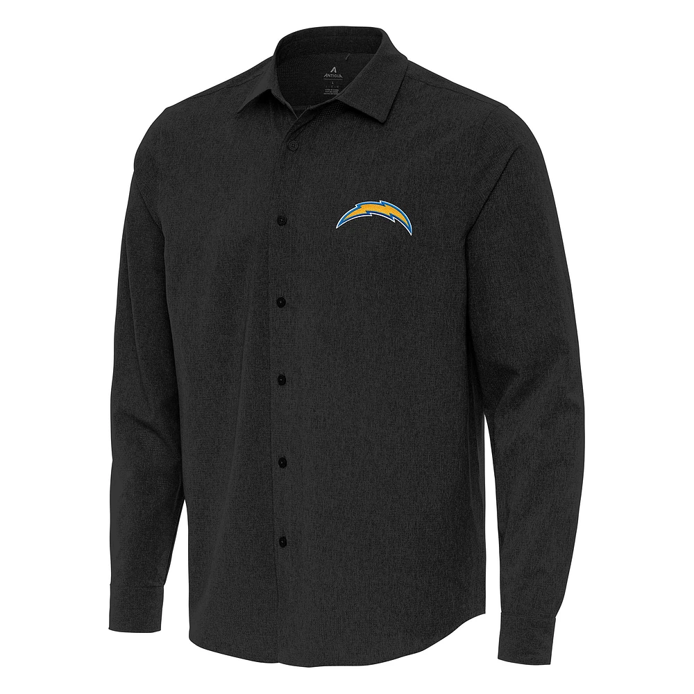 Men's Antigua Black Los Angeles Chargers Exposure Woven Long Sleeve Button-Up Shirt