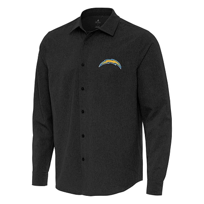 Men's Antigua Black Los Angeles Chargers Exposure Woven Long Sleeve Button-Up Shirt