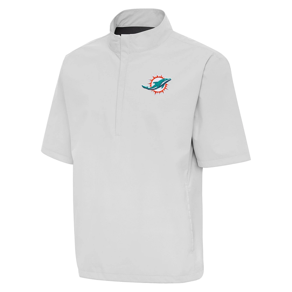 Men's Antigua Heather Gray Miami Dolphins Brisk Short Sleeve Quarter-Zip Windshirt