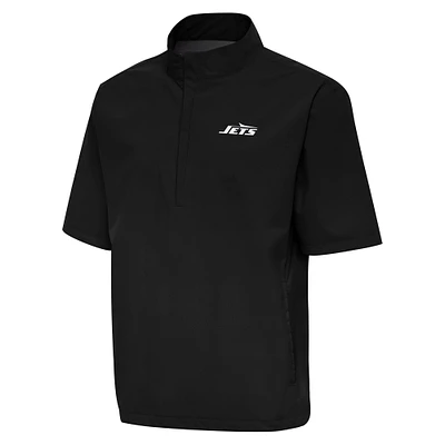 Men's Antigua Black New York Jets Brisk Short Sleeve Quarter-Zip Windshirt