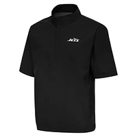 Men's Antigua Black New York Jets Brisk Short Sleeve Quarter-Zip Windshirt