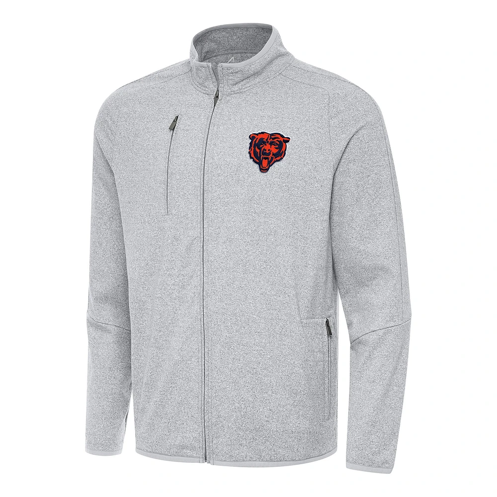 Men's Antigua Heather Gray Chicago Bears Bear Logo Hold-Up Tri-Blend Full-Zip Jacket