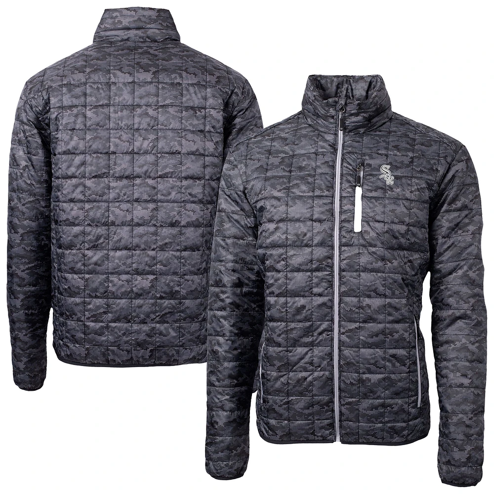 Men's Cutter & Buck Black Chicago White Sox Rainier PrimaLoft® Eco Insulated Printed Full-Zip Hoodie Puffer Jacket