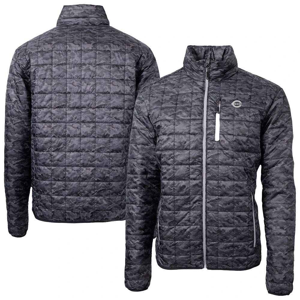 Men's Cutter & Buck Black Cincinnati Reds Rainier PrimaLoft® Eco Insulated Printed Full-Zip Hoodie Puffer Jacket