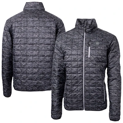 Men's Cutter & Buck Black Chicago Cubs Rainier PrimaLoft® Eco Insulated Printed Full-Zip Hoodie Puffer Jacket