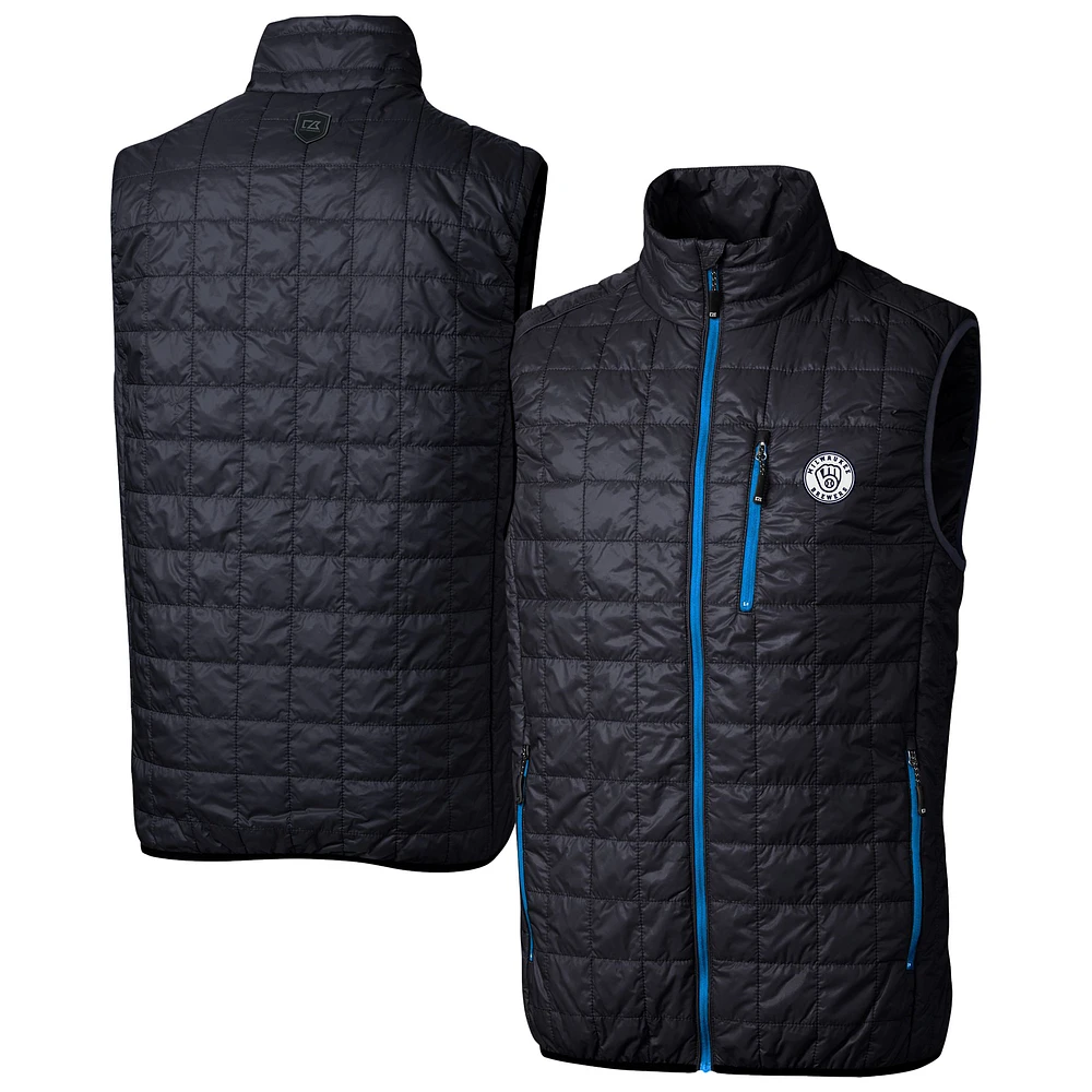 Men's Cutter & Buck Navy Milwaukee Brewers Rainier PrimaLoft® Eco Insulated Full-Zip Puffer Vest