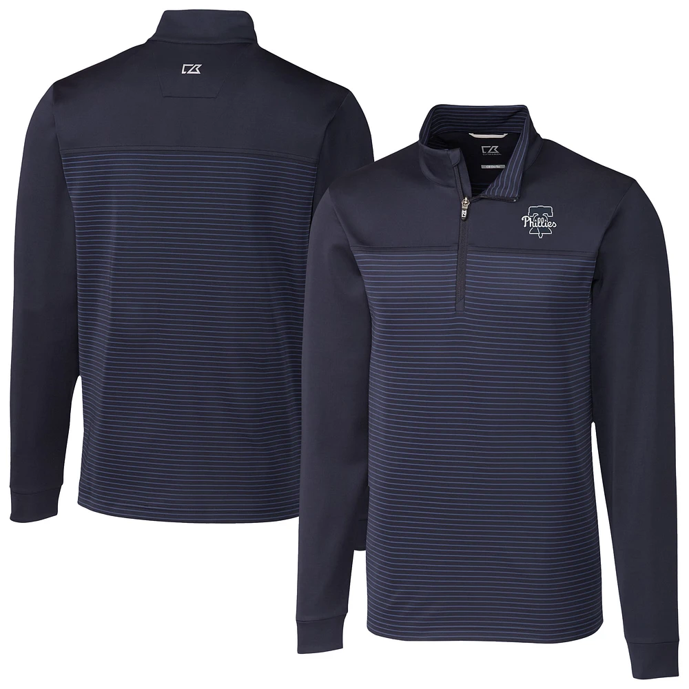Men's Cutter & Buck Navy Philadelphia Phillies Traverse Eco Stripe Tri-Blend DryTec Quarter-Zip Jacket