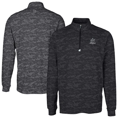 Men's Cutter & Buck Black Miami Marlins Traverse Eco Camo Tri-Blend DryTec Quarter-Zip Top