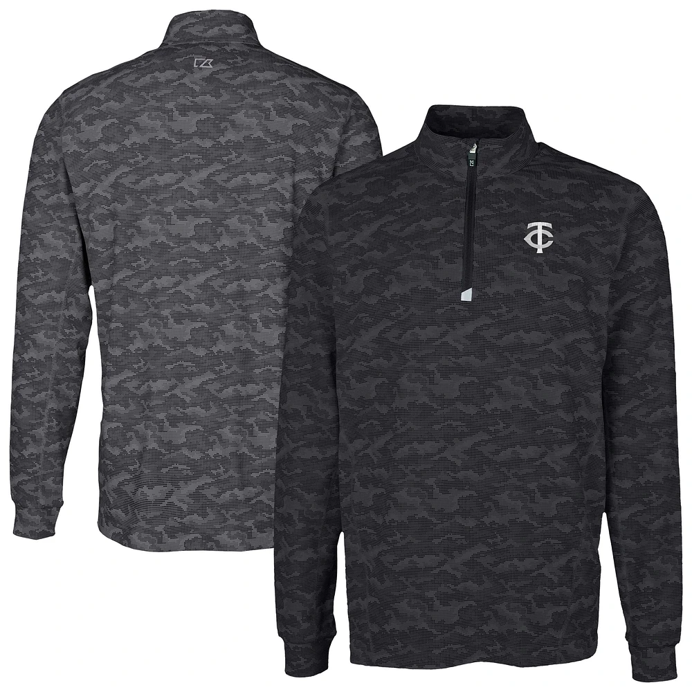 Men's Cutter & Buck Black Minnesota Twins Traverse Eco Camo Tri-Blend DryTec Quarter-Zip Top