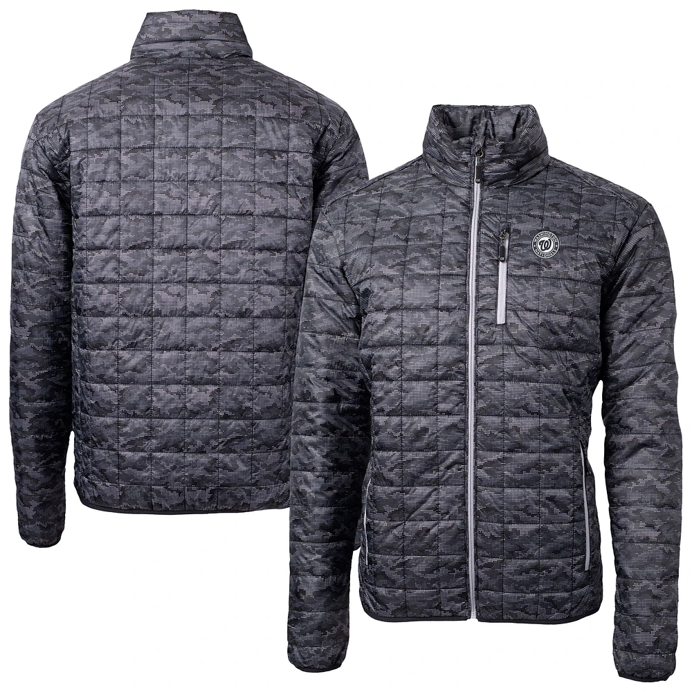 Men's Cutter & Buck Black Washington Nationals Rainier PrimaLoft® Eco Insulated Printed Full-Zip Hoodie Puffer Jacket