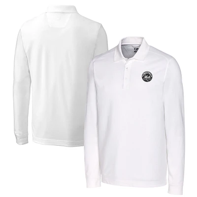Men's Cutter & Buck White New York Mets Big Tall Advantage Eco Pique DryTec Tri-Blend Long Sleeve Polo