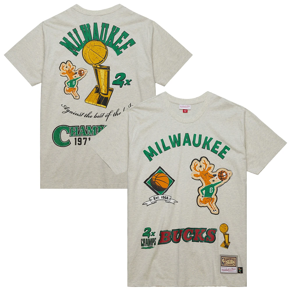 Men's Mitchell & Ness Oatmeal Milwaukee Bucks Hardwood Classics Legacy Defined Retro Championships T-Shirt