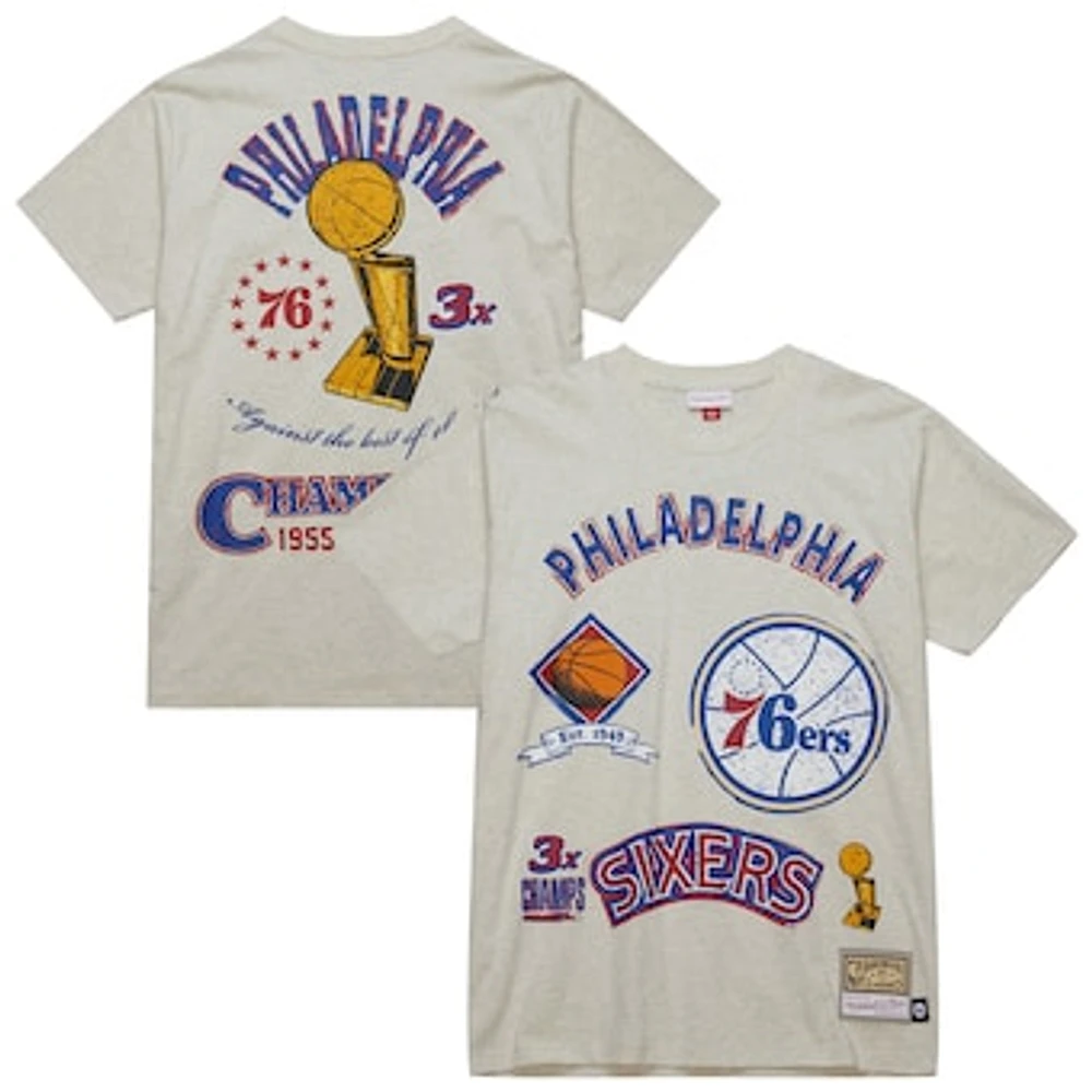 Men's Mitchell & Ness Oatmeal Philadelphia 76ers Hardwood Classics Legacy Defined Retro Championship T-Shirt