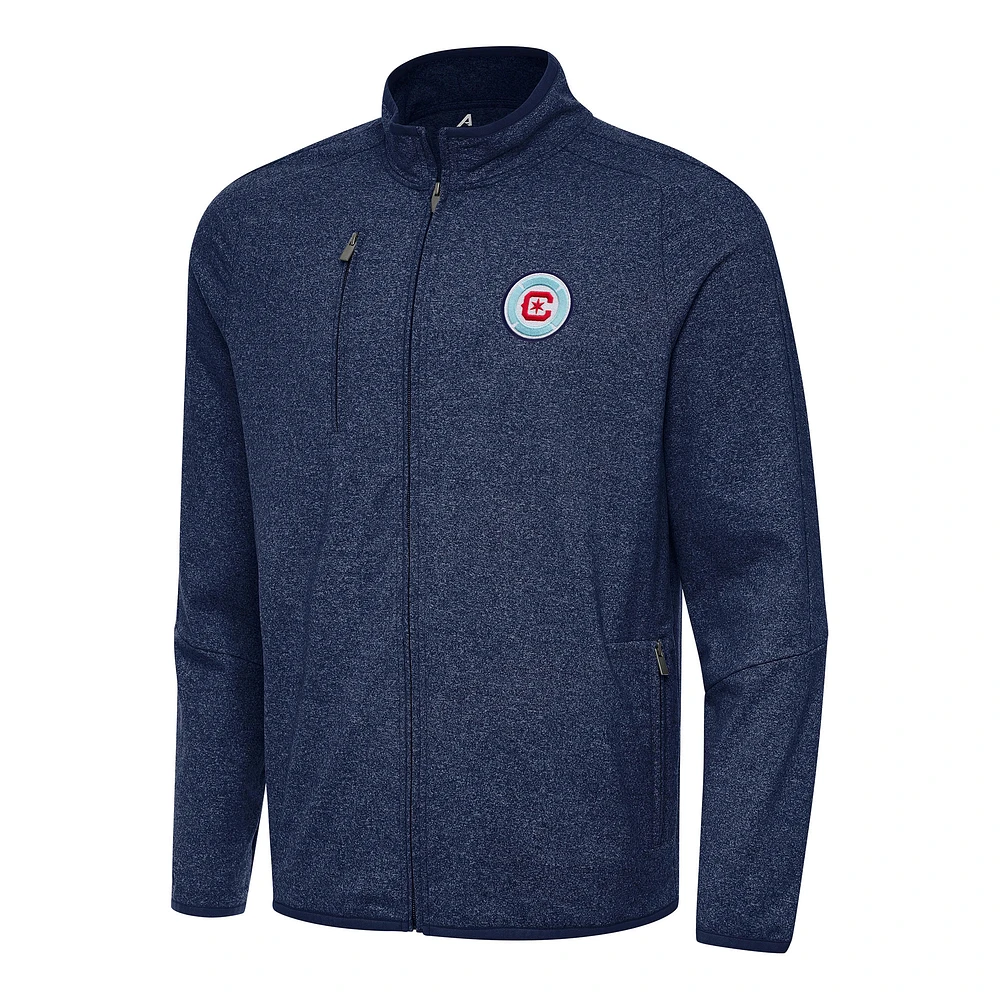 Men's Antigua Heather Navy Chicago Fire Hold-Up Tri-Blend Full-Zip Jacket
