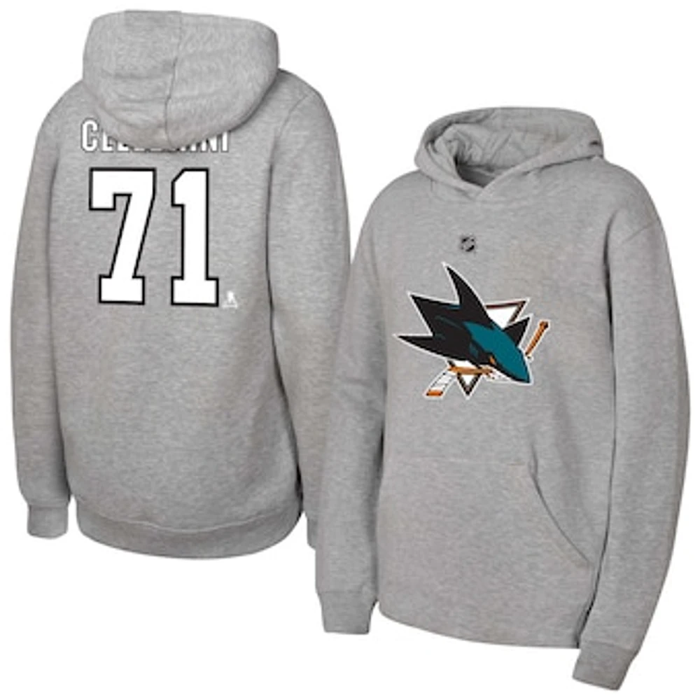 Youth Macklin Celebrini Grey San Jose Sharks Player Name & Number Pullover Hoodie