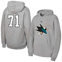 Youth Macklin Celebrini Grey San Jose Sharks Player Name & Number Pullover Hoodie