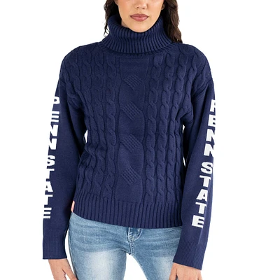 Women's Lusso Navy Penn State Nittany Lions Sylvie Cable Knit Turtleneck Pullover Sweater