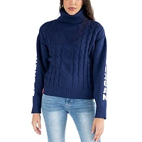 Women's Lusso Navy Michigan Wolverines Sylvie Cable Knit Turtleneck Pullover Sweater