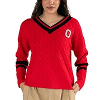 Women's Lusso Scarlet Ohio State Buckeyes Stella Cable Knit V-Neck Pullover Sweater