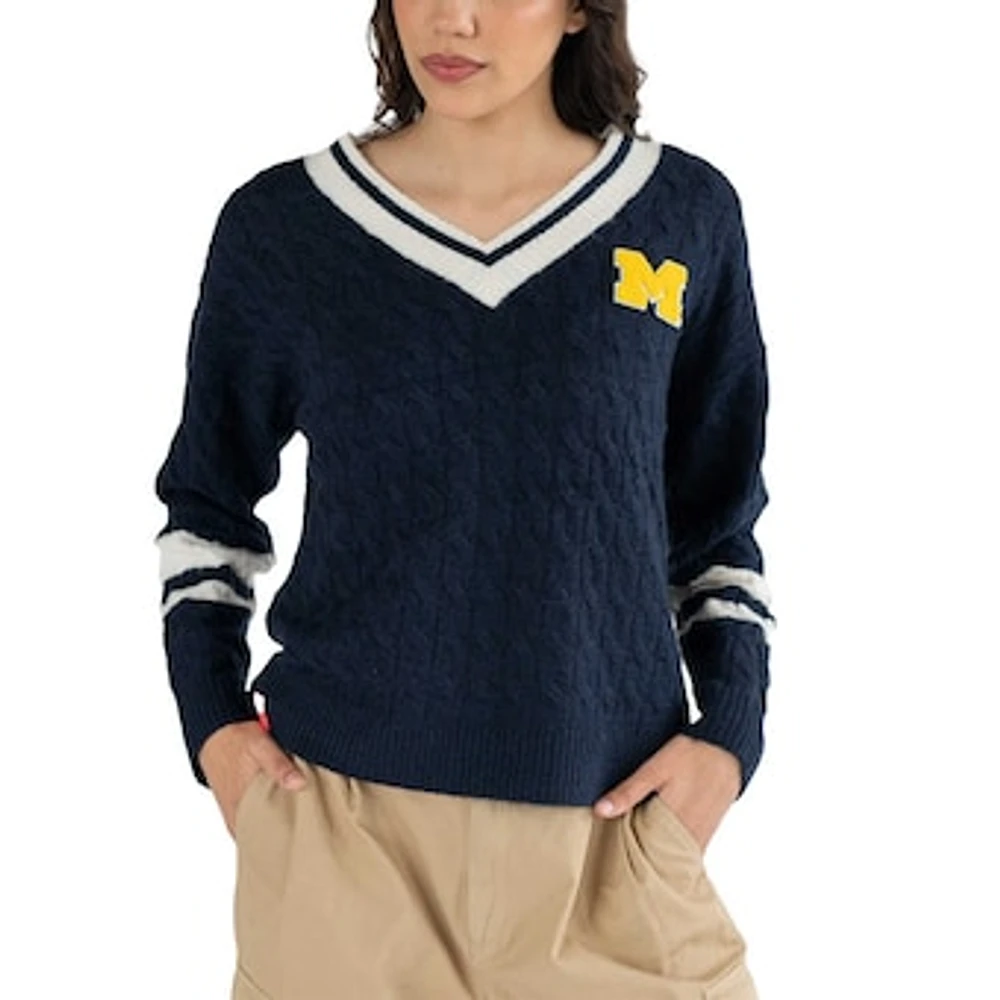 Women's Lusso Navy Michigan Wolverines Stella Cable Knit V-Neck Pullover Sweater