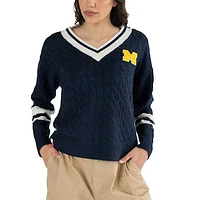 Women's Lusso Navy Michigan Wolverines Stella Cable Knit V-Neck Pullover Sweater