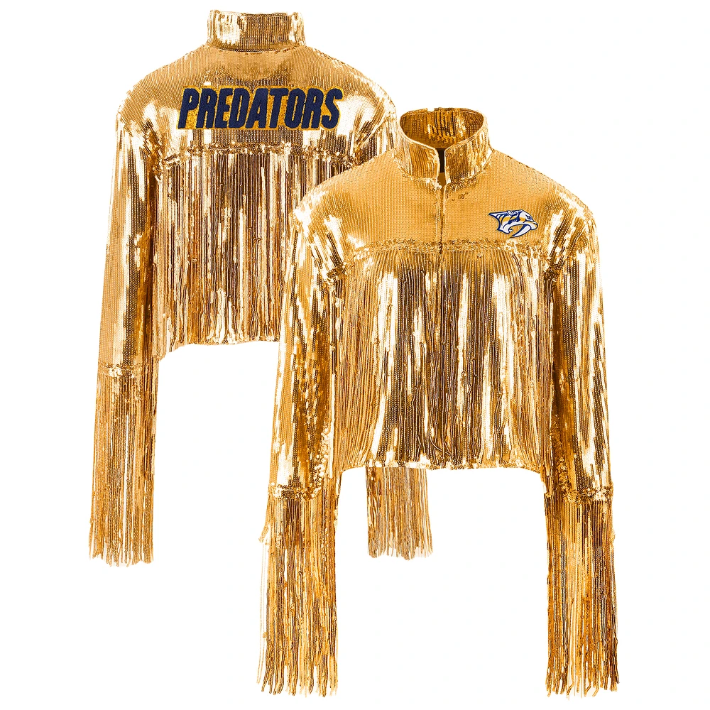 Women's Cuce  Gold Nashville Predators Cropped Sequin Fringe Blazer