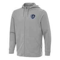 Men's Antigua Heather Gray Sporting Kansas City Effortless Full-Zip Hoodie