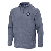 Men's Antigua Heather Navy Sporting Kansas City Effortless Full-Zip Hoodie