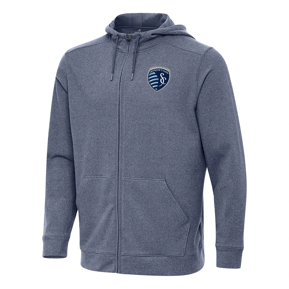 Men's Antigua Heather Navy Sporting Kansas City Effortless Full-Zip Hoodie