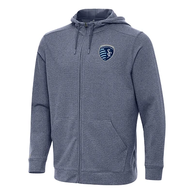 Men's Antigua Heather Navy Sporting Kansas City Effortless Full-Zip Hoodie