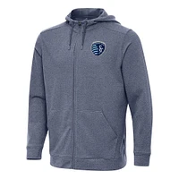 Men's Antigua Heather Navy Sporting Kansas City Effortless Full-Zip Hoodie