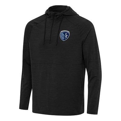 Men's Antigua Heather Black Sporting Kansas City Spikes Raglan Quarter-Zip Hoodie